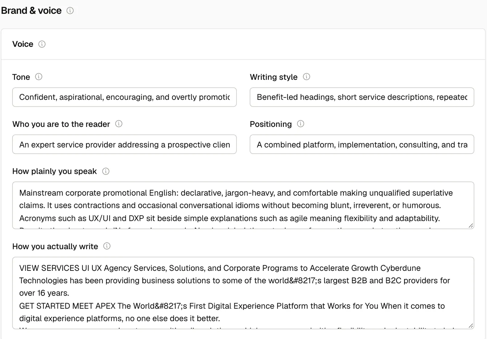Brand voice settings in Docket: tone, writing style, who you are to the reader and positioning