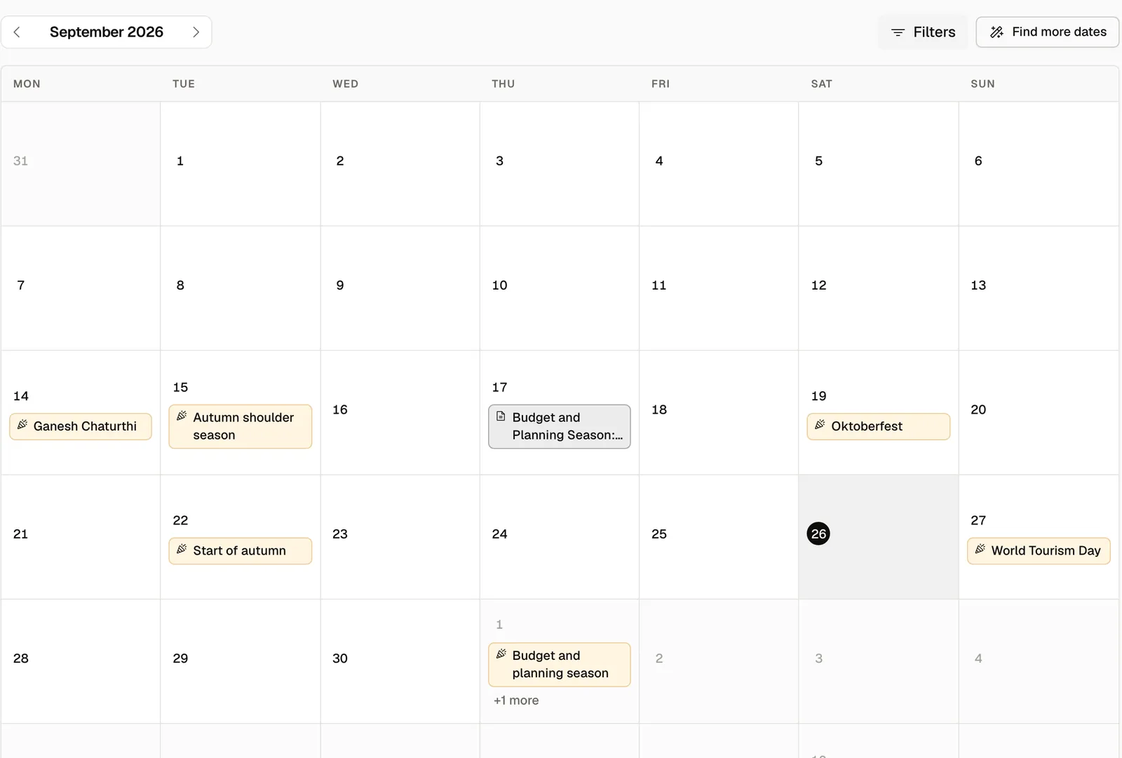 A month in Docket's content calendar with seasonal occasions and planned articles