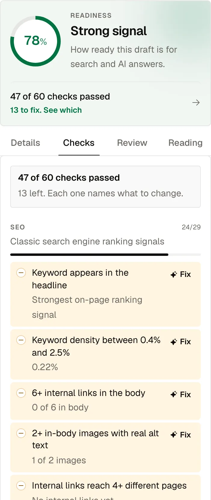 Docket readiness panel: 78% readiness, checks passed and SEO checks with one-click Fix buttons