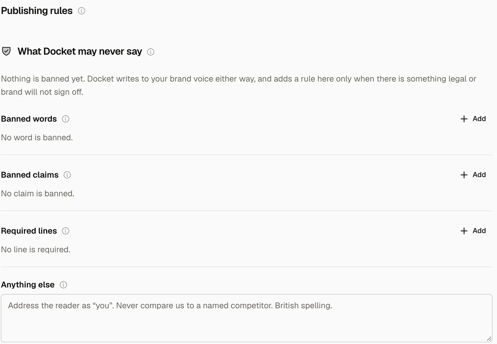 Publishing rules in Docket: banned words, banned claims and required lines that block a publish when they fail